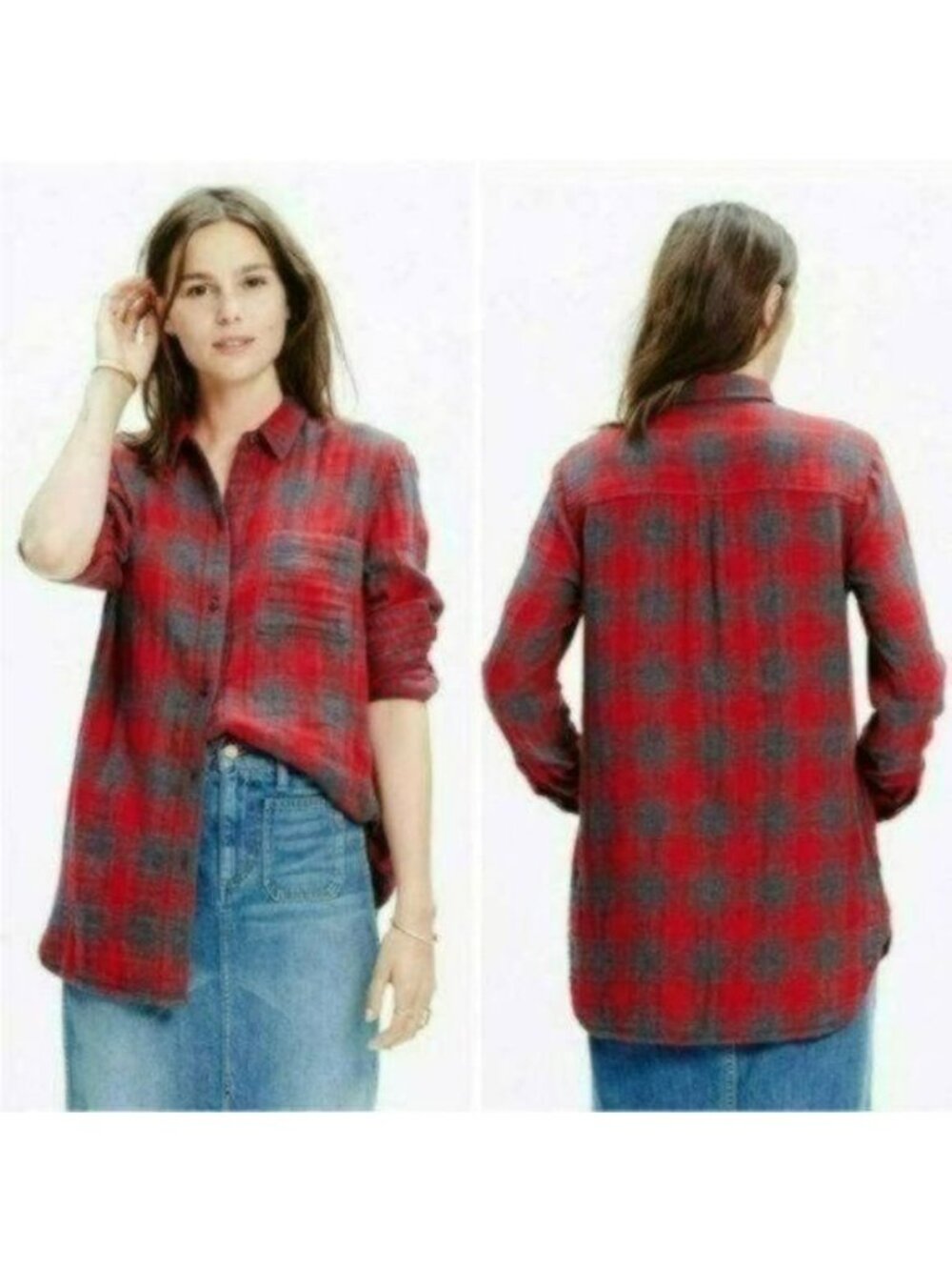 Madewell Ex-Boyfriend Women's XS Red Gray Plaid Long Sleeve Button Up Shirt